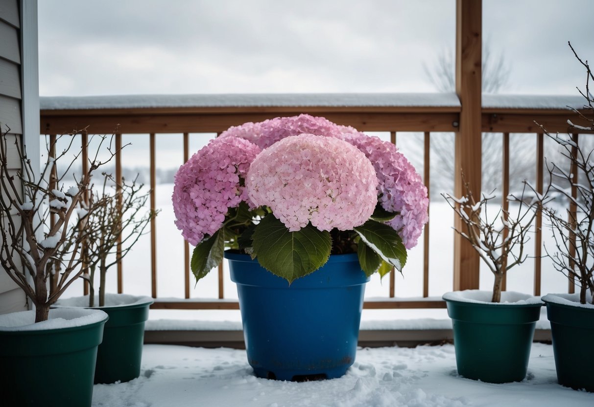 A potted hydrangea sits on a snowy porch, surrounded by dormant plants. The sky is overcast, and the air is cold, indicating winter weather