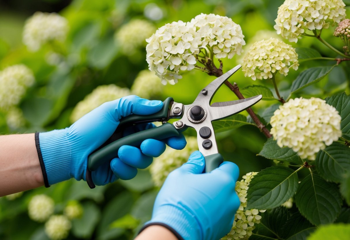 A pair of gloved hands carefully trimming back hydrangea branches with pruning shears