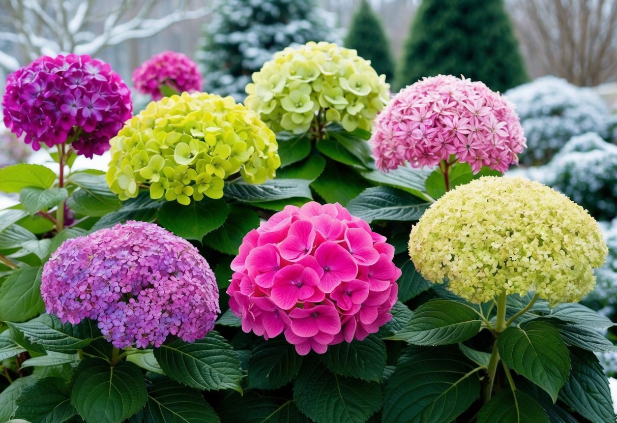 A variety of hydrangea types in different stages of growth, some with vibrant blooms and others with bare stems, set against a backdrop of a winter garden