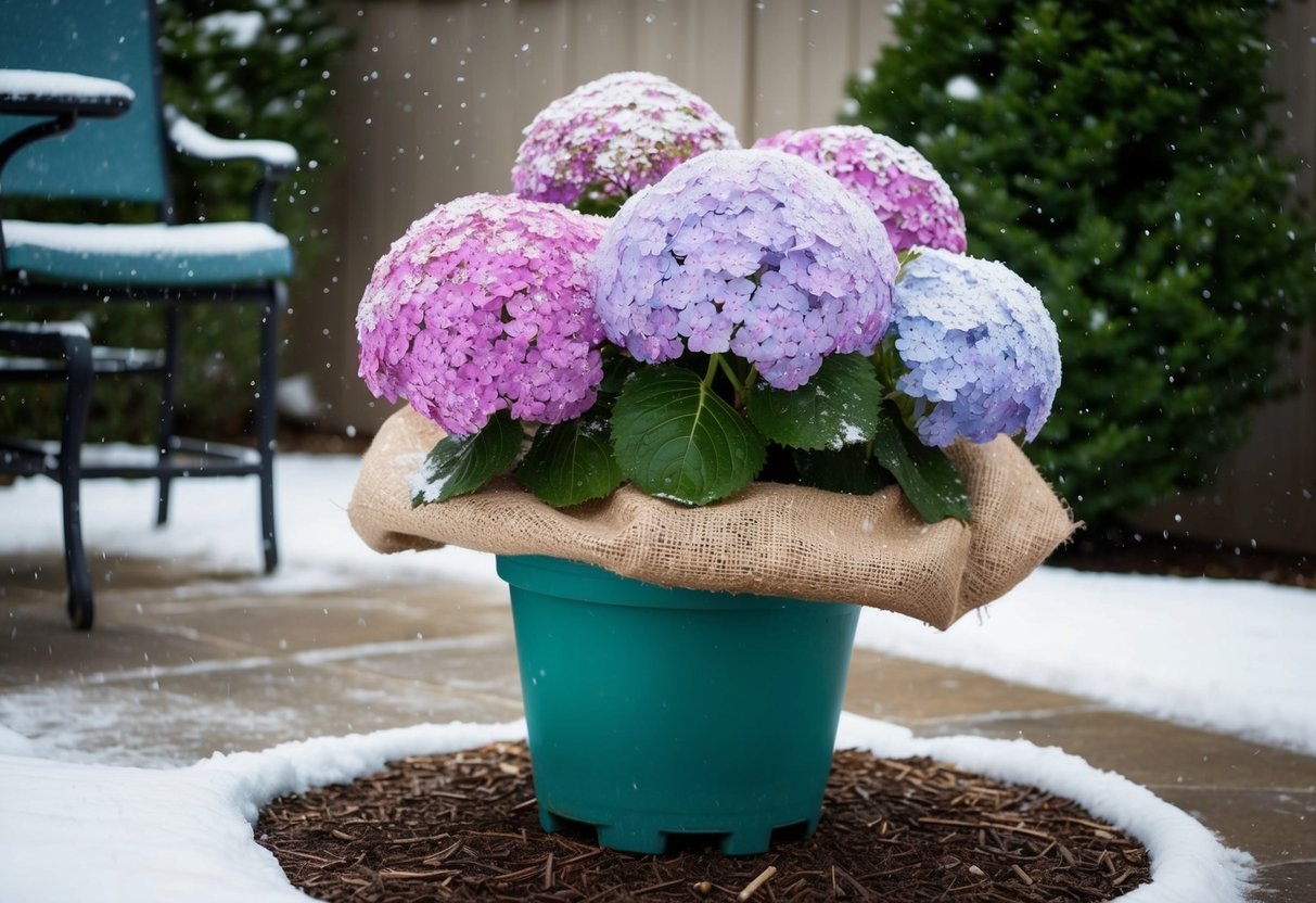 A potted hydrangea sits on a patio, surrounded by mulch and protected by a burlap cover, as snow falls gently around it