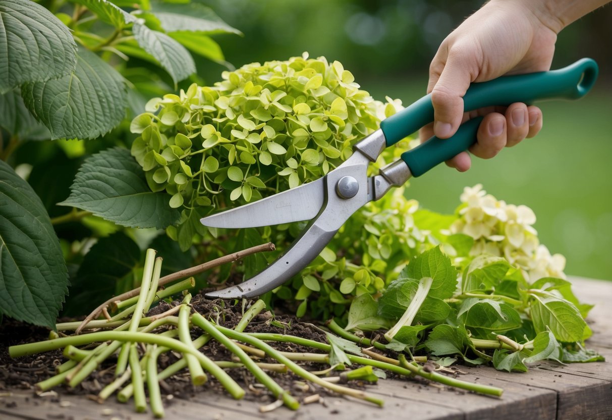 A pair of gardening shears snipping away at overgrown hydrangea branches, with piles of cut stems and leaves scattered around the base of the plant