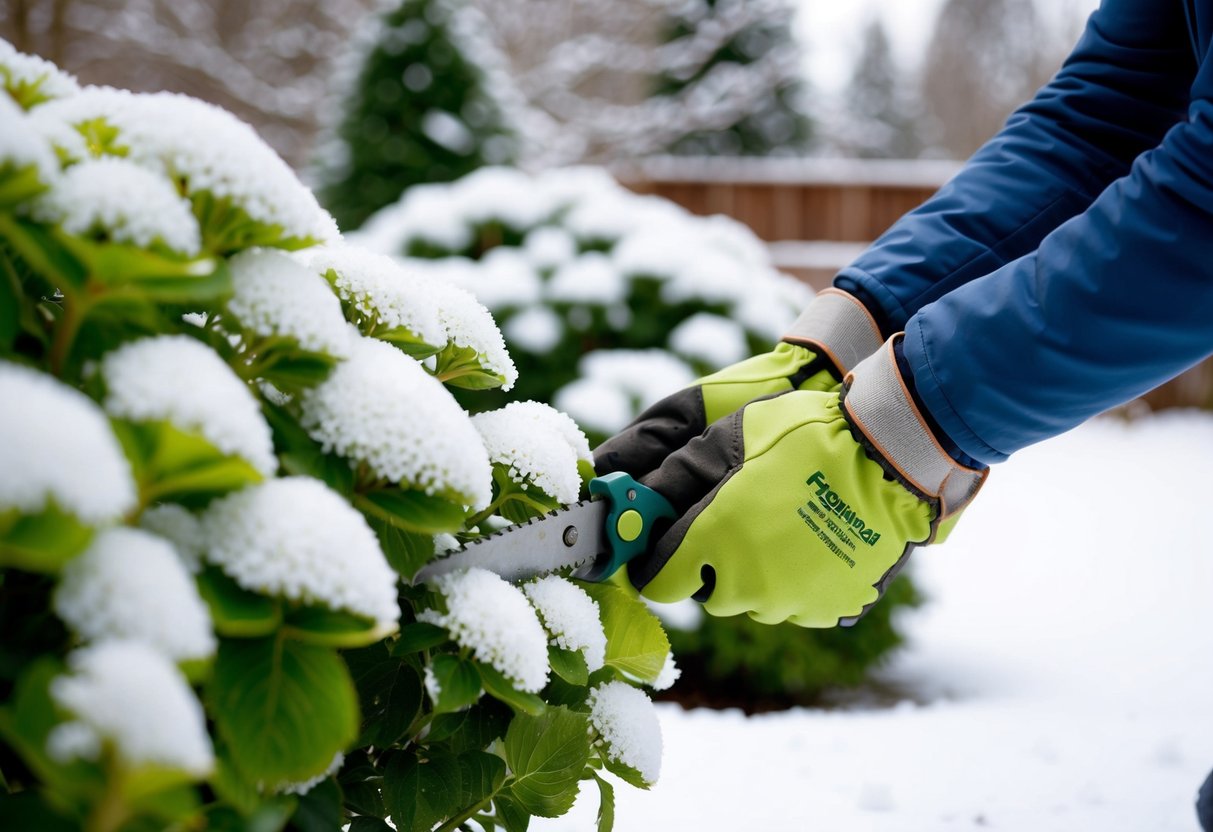 A pair of gardening gloves carefully pruning back hydrangea bushes in a snowy garden