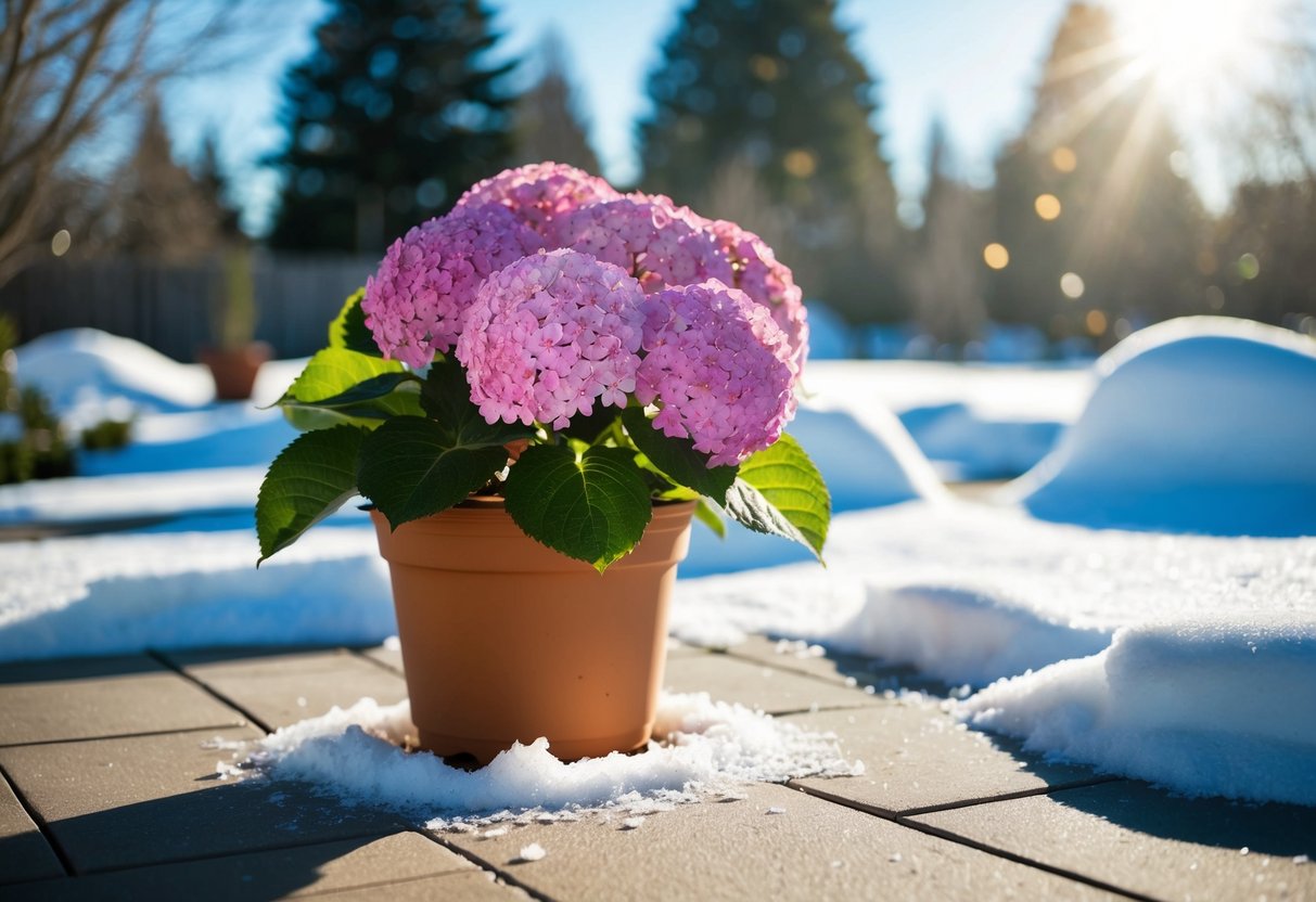 A potted hydrangea sits on a patio, surrounded by remnants of snow. The sun shines down, signaling the transition from winter to spring