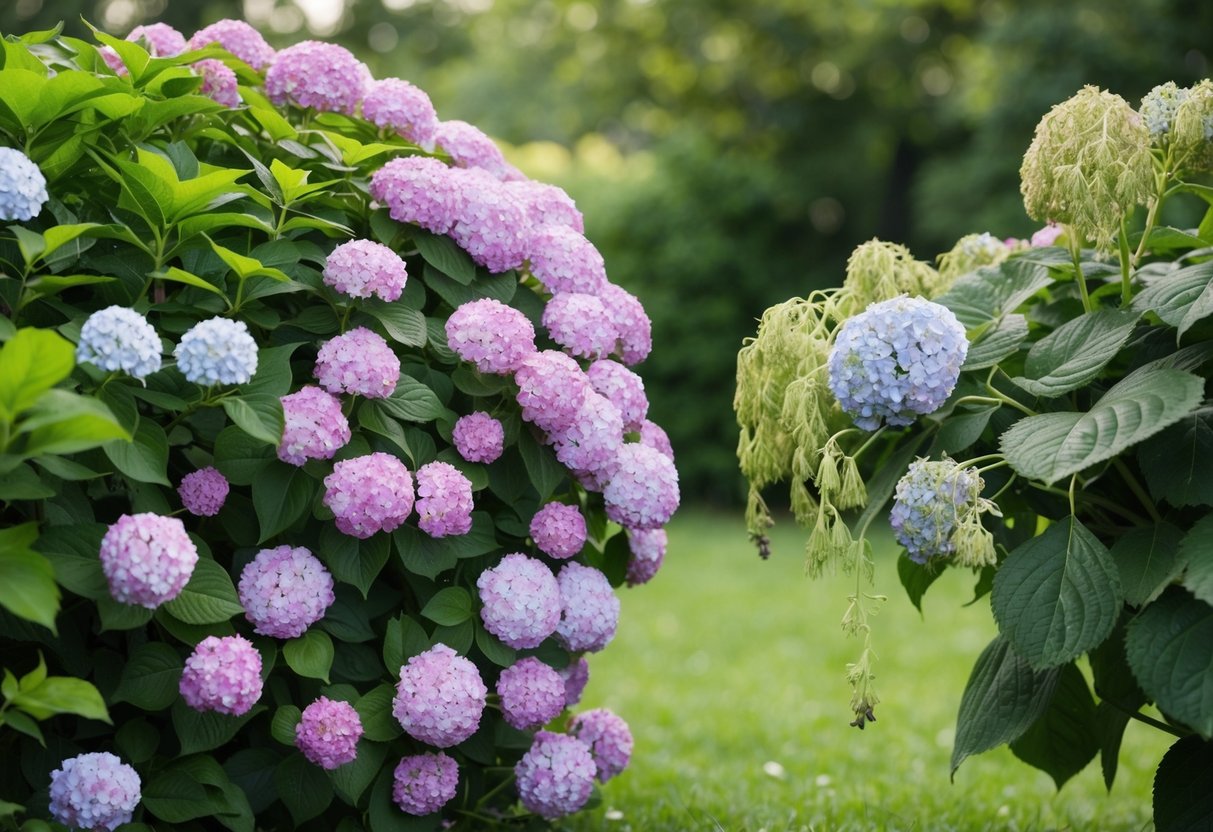 A lush hydrangea bush overflows with vibrant blooms, while nearby, an unpruned hydrangea droops with overgrown, wilted flowers