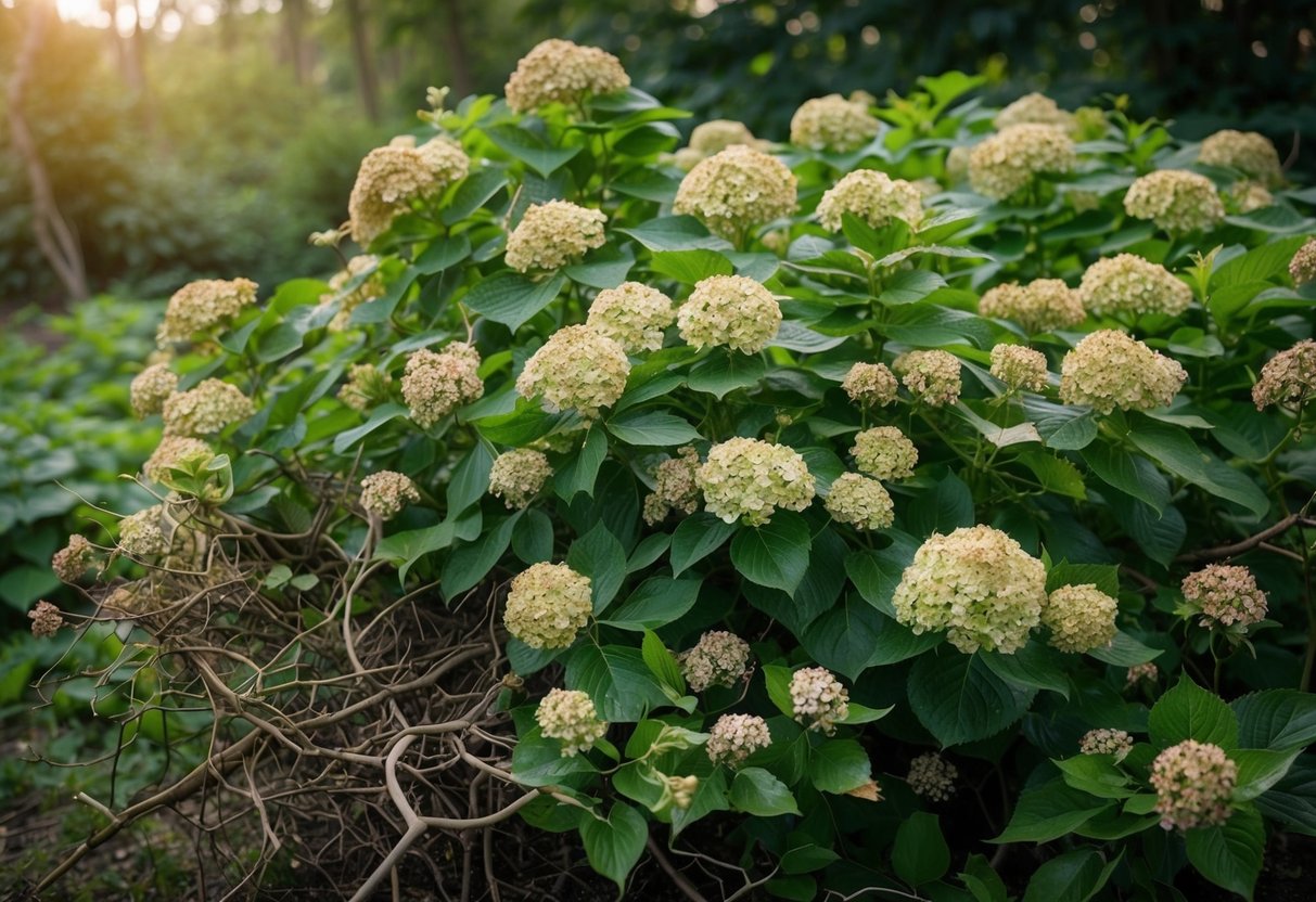 A neglected hydrangea bush overflows with tangled, overgrown branches and sparse, wilted blooms