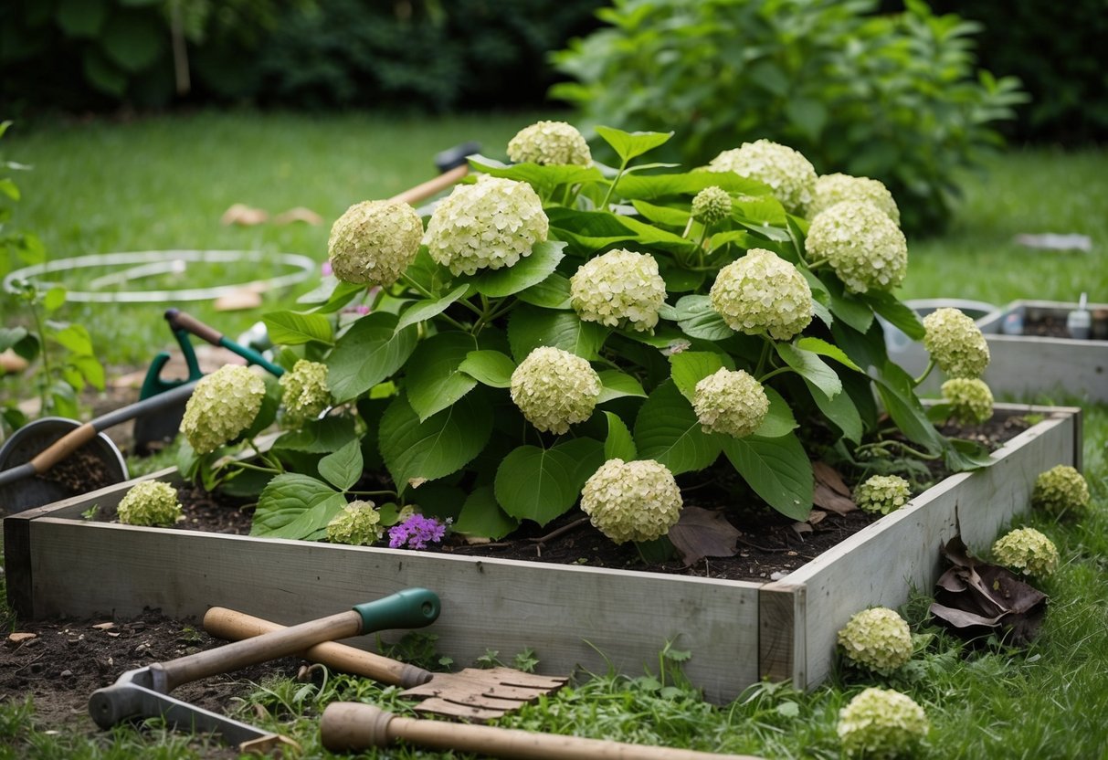 A neglected hydrangea sprawls over a garden bed, with wilted blooms and overgrown foliage, surrounded by neglected tools and scattered deadheads