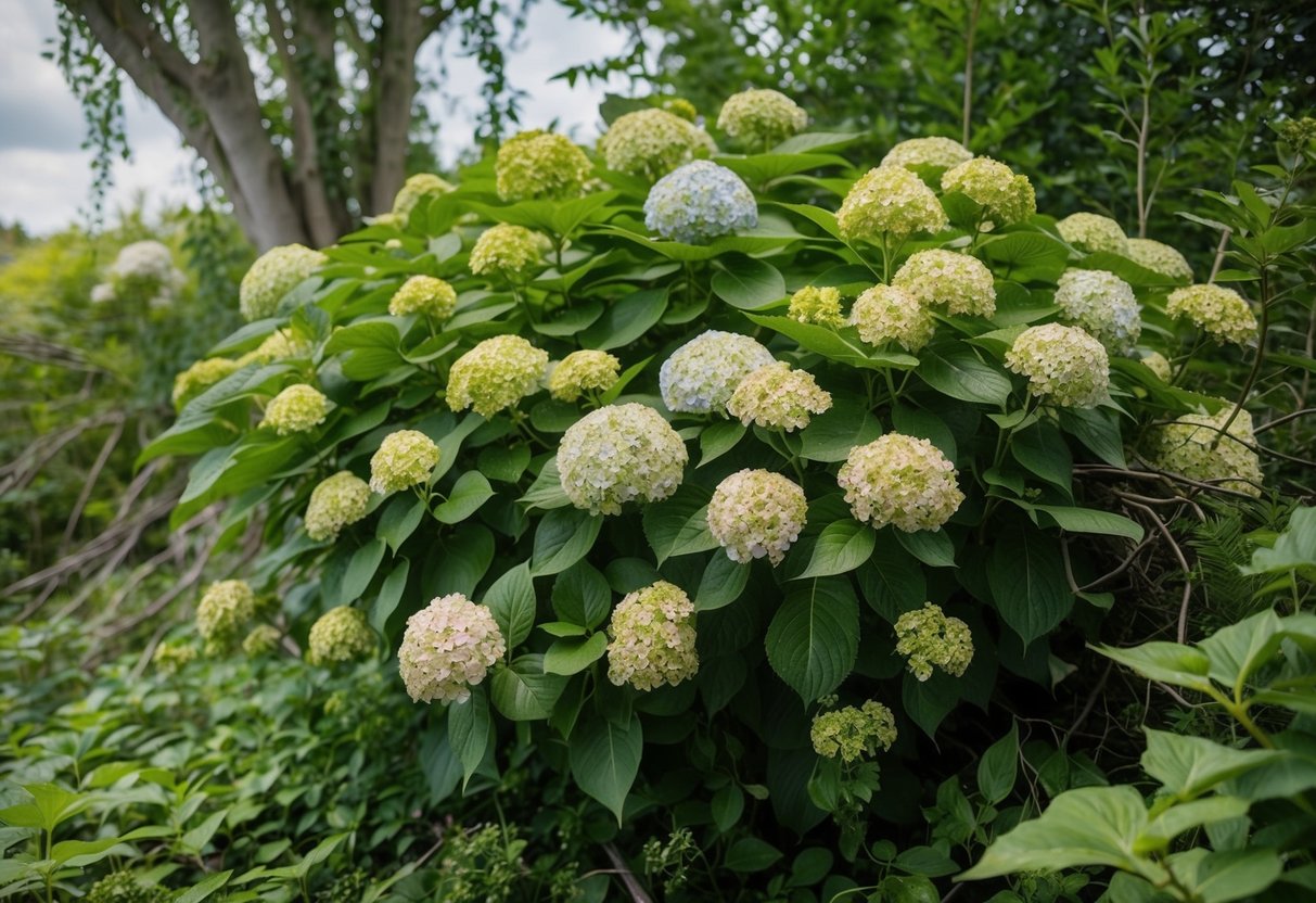 A lush hydrangea bush overflows with unpruned, overgrown branches, and faded blooms, surrounded by untidy, wild foliage