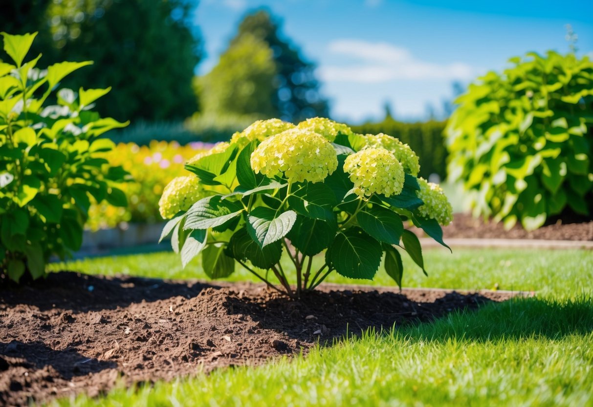 A sunny garden with a clear blue sky, showing a freshly planted hydrangea bush surrounded by rich soil and vibrant green foliage