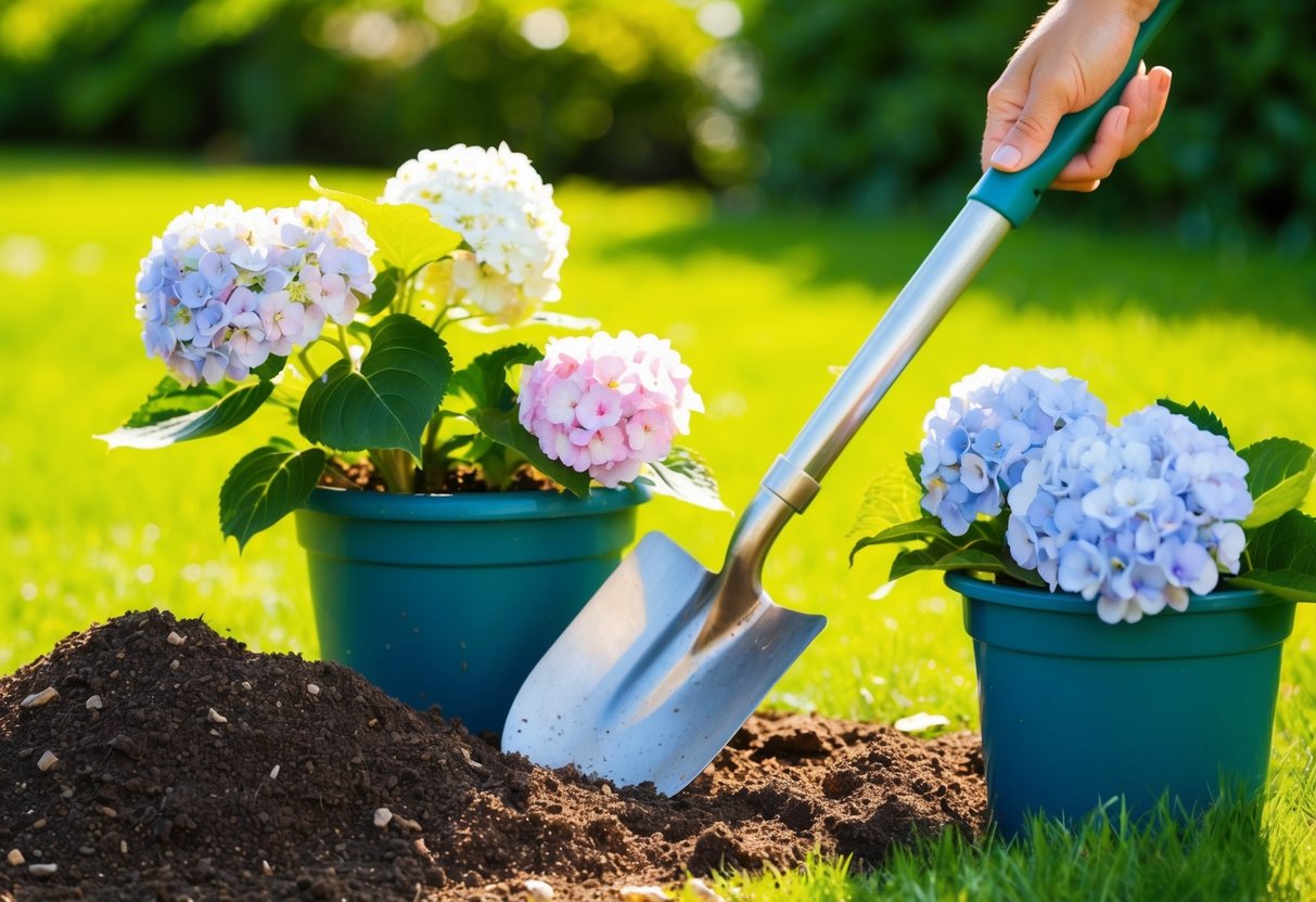 A sunny garden with a shovel, compost, and potted hydrangeas. The soil is being turned and enriched before the hydrangeas are planted