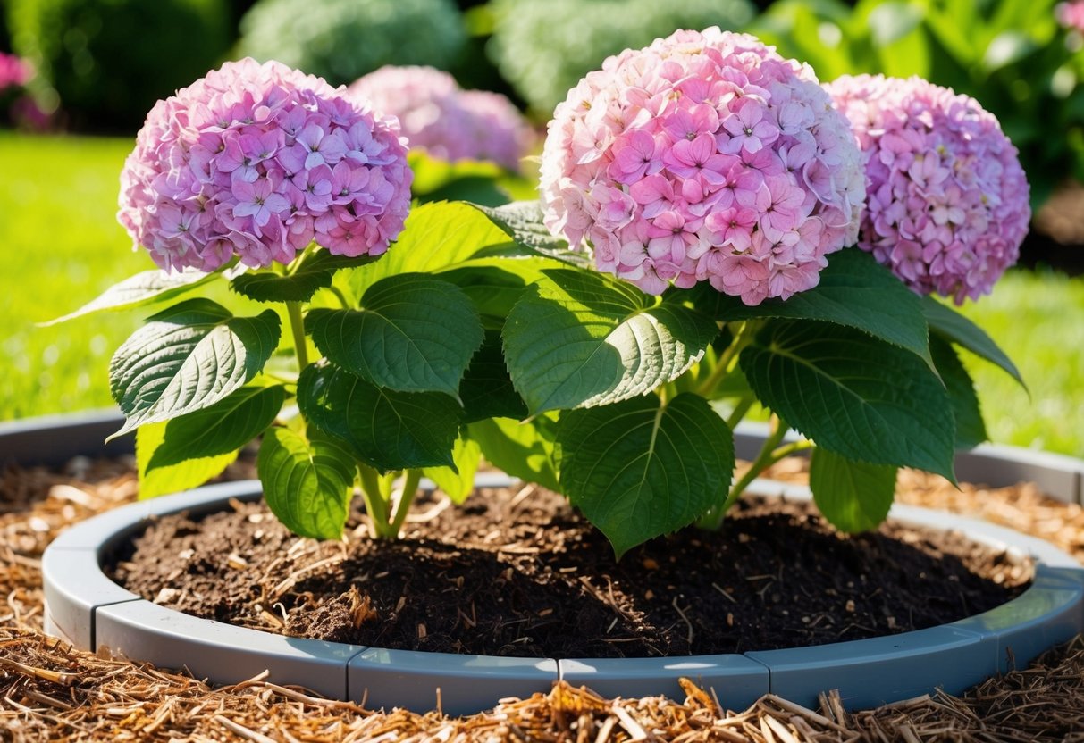 A sunny garden with freshly planted hydrangeas in rich soil, surrounded by mulch and watered with care