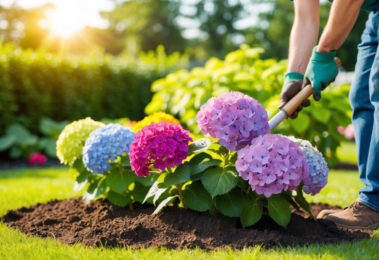 A sunny garden with a variety of colorful hydrangeas being planted in rich soil by a gardener