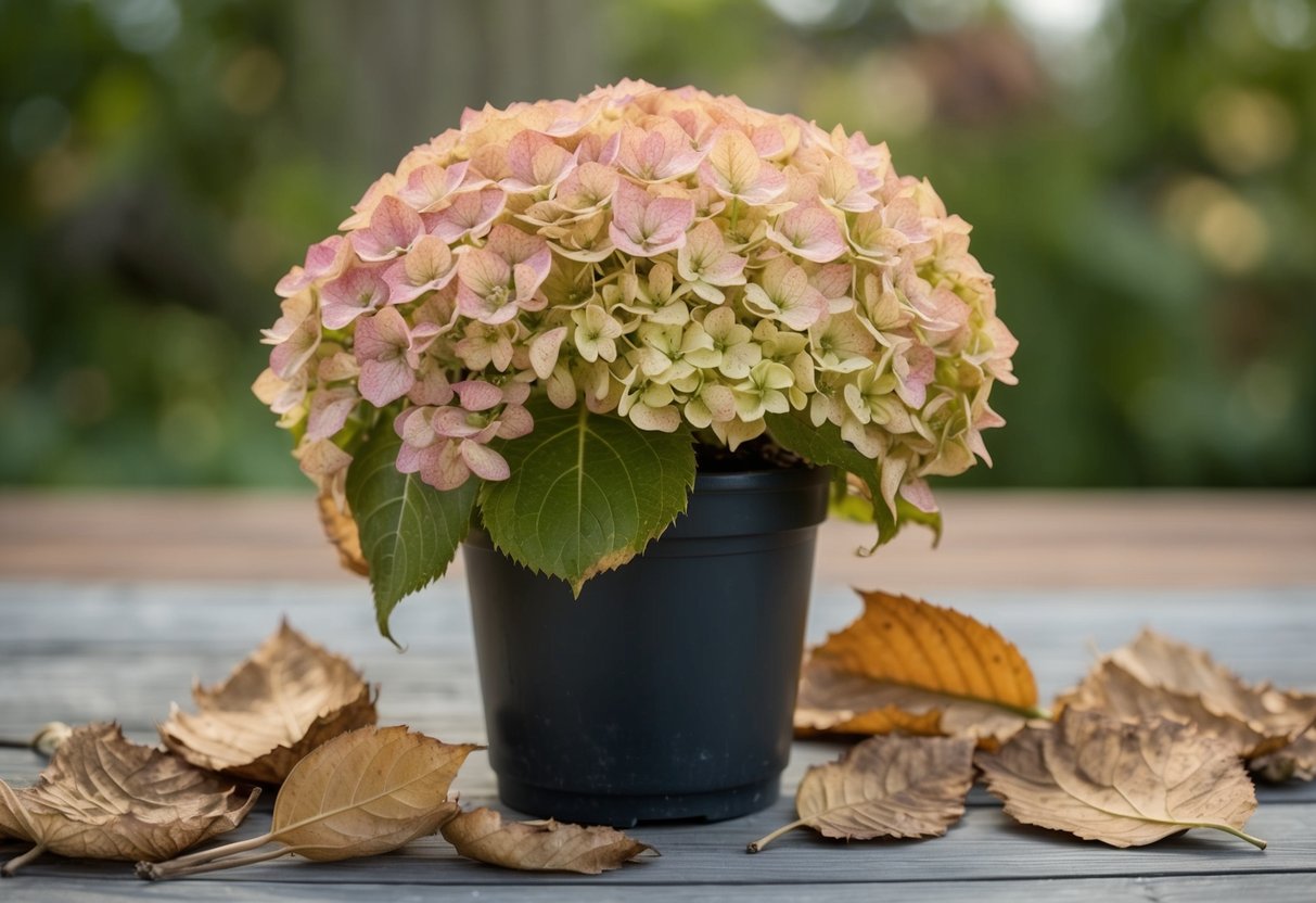 A wilted potted hydrangea surrounded by dried leaves and drooping flowers