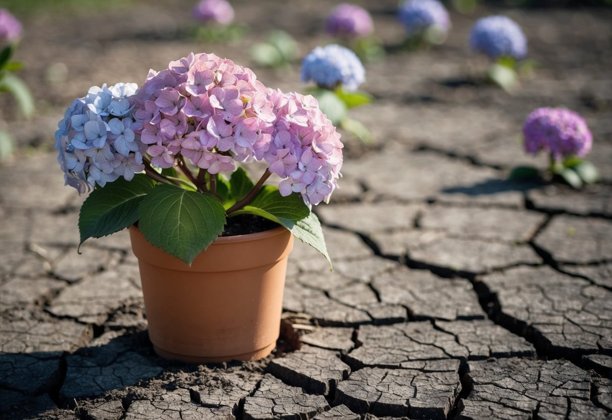 A withered potted hydrangea surrounded by dry, cracked soil, with no visible signs of water or moisture