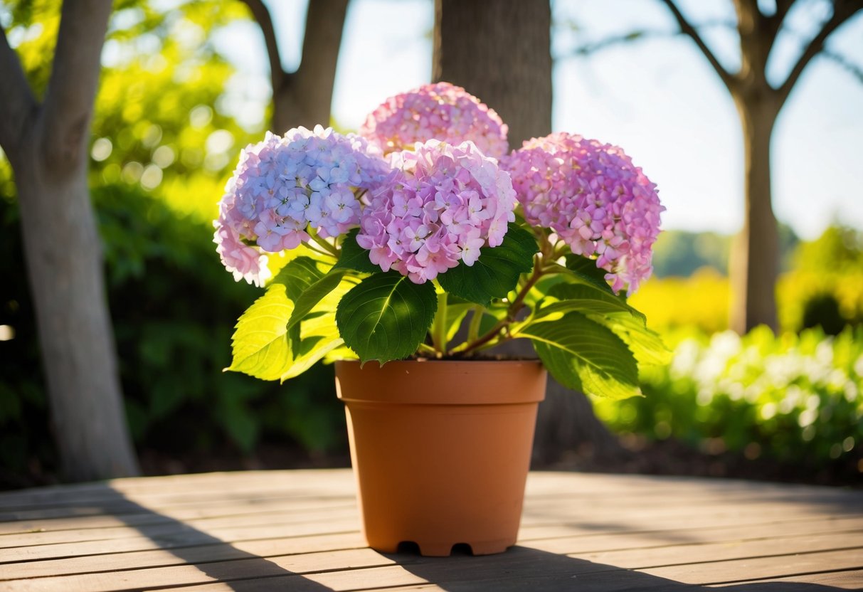 A potted hydrangea sits in dappled sunlight, with shadows from nearby trees and the warm glow of the sun highlighting its delicate blooms