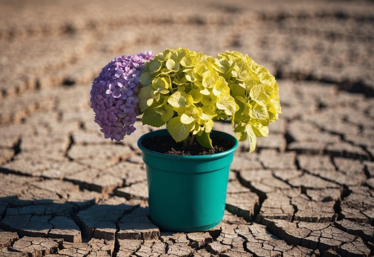 A potted hydrangea wilting under intense sunlight and heat, surrounded by dry, cracked soil