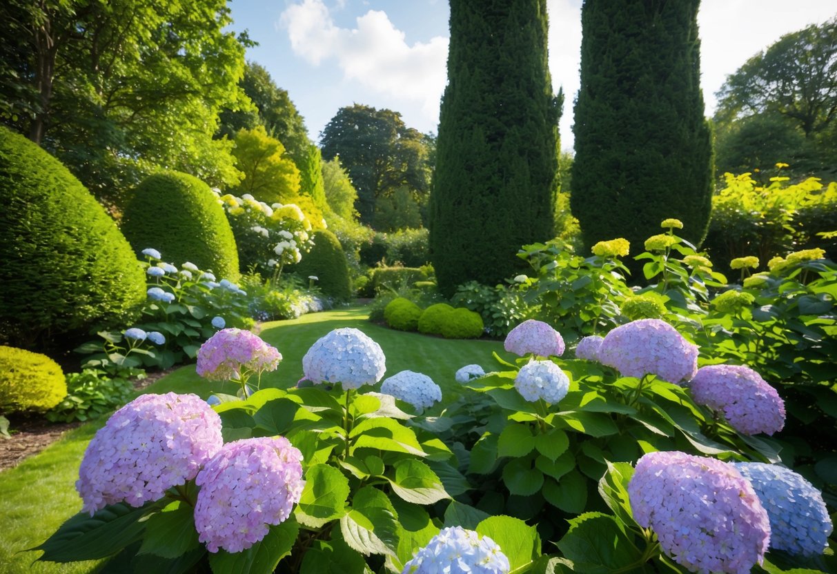 A lush garden with hydrangeas thriving in dappled sunlight, surrounded by tall trees in a UK setting