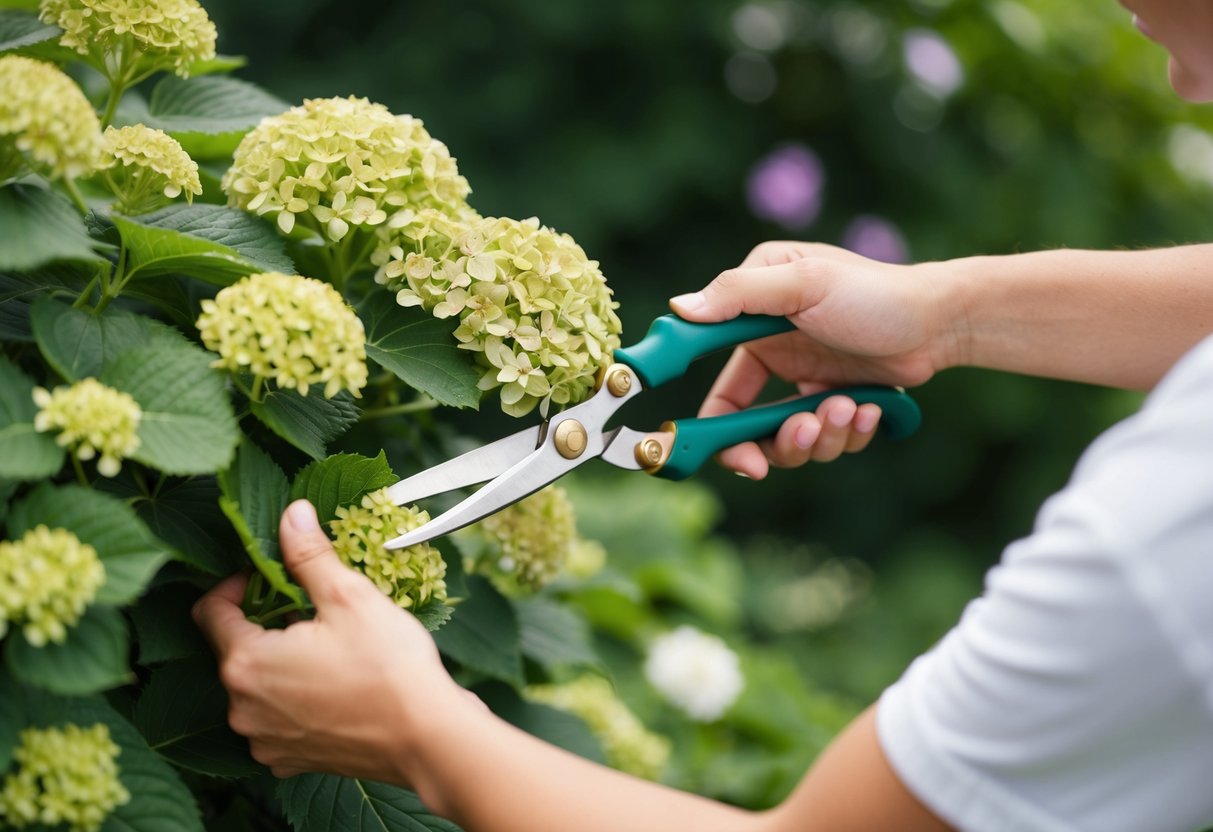 A pair of hands gently pruning a hydrangea bush with clean, sharp garden shears, encouraging new growth and a bushier shape