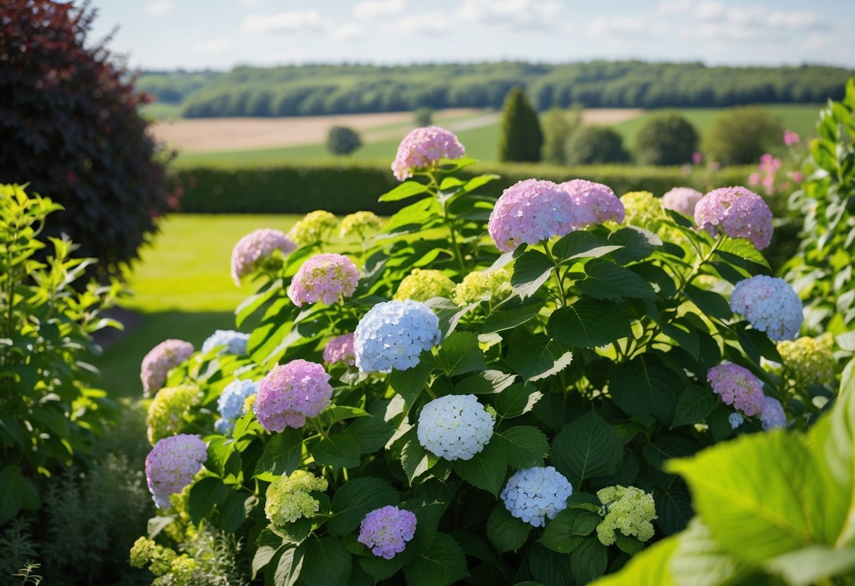 A lush garden with hydrangeas thriving in the shade, set against a backdrop of the UK countryside