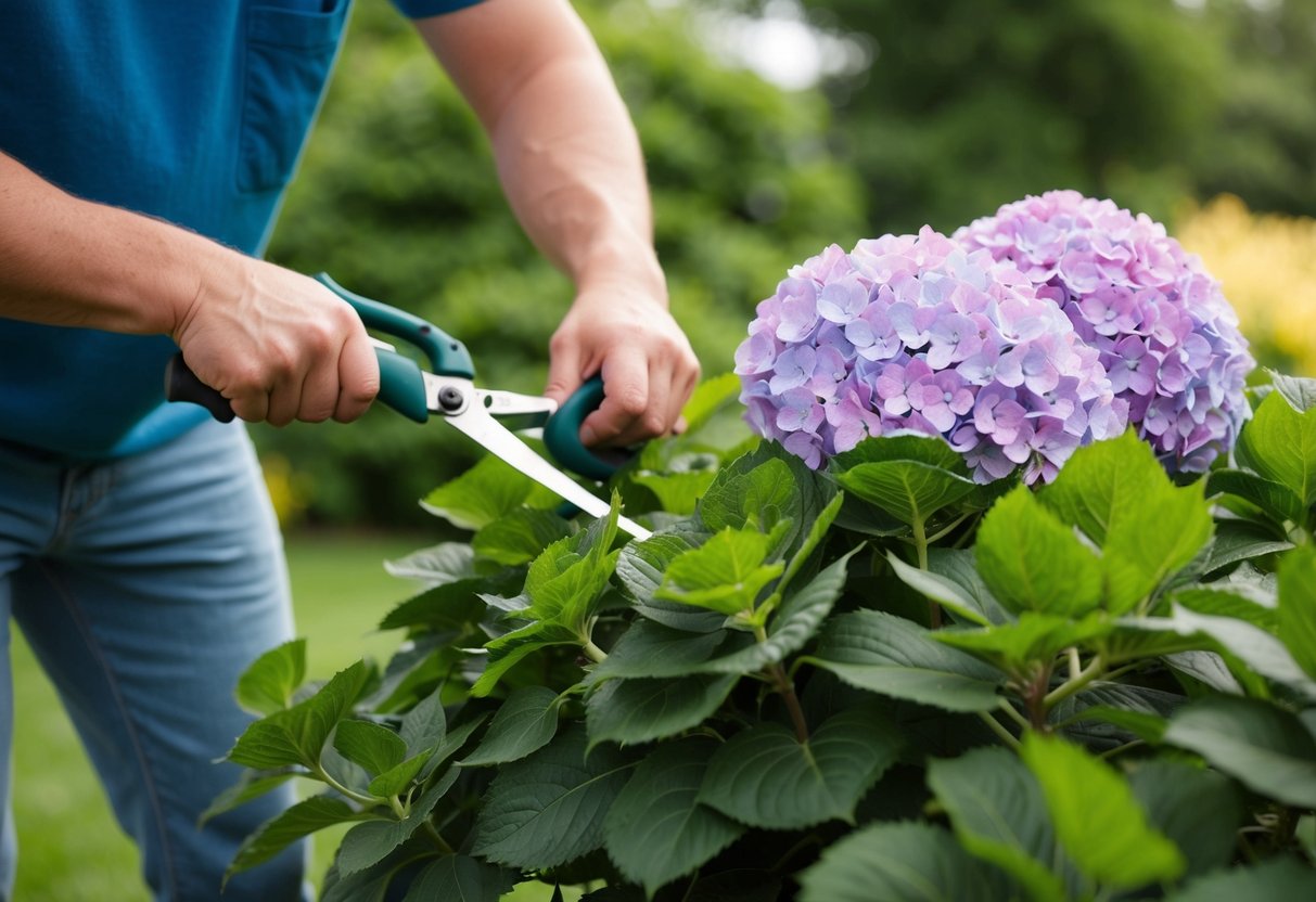 A gardener trimming a hydrangea bush, removing excess growth to encourage fuller, bushier growth