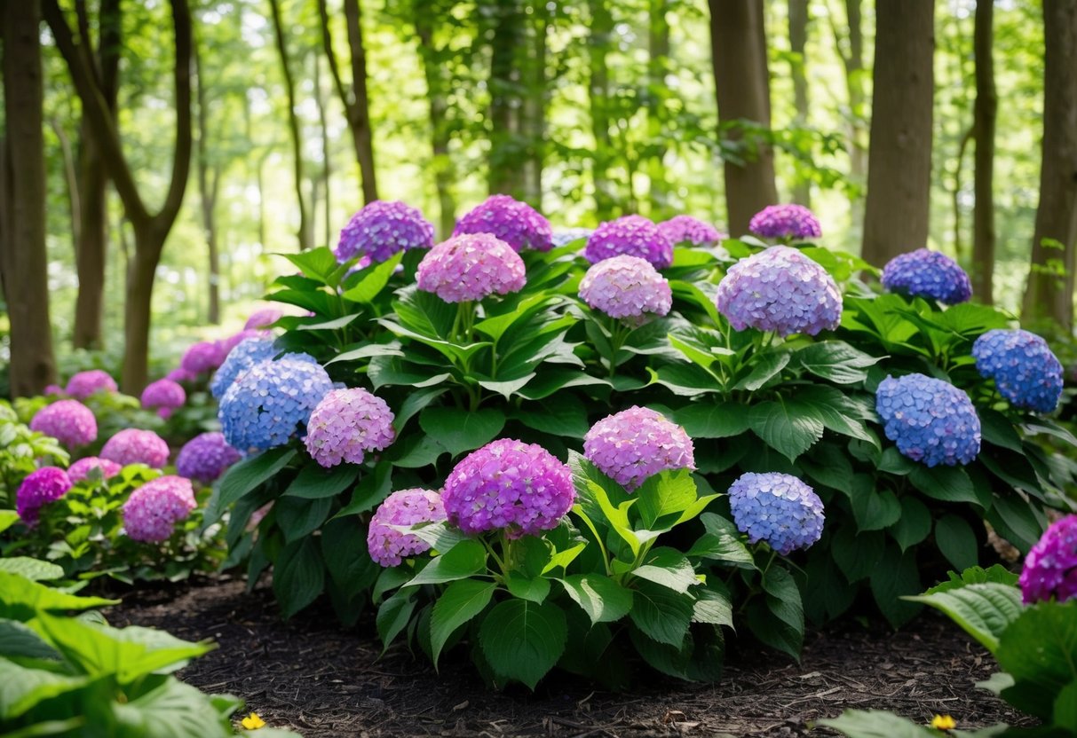 A lush garden bed filled with vibrant hydrangeas thriving in the dappled shade of a dense woodland in the UK