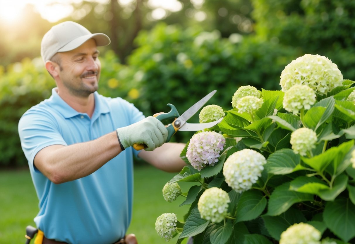 A gardener trimming and pruning a hydrangea bush to encourage healthy, bushier blooms