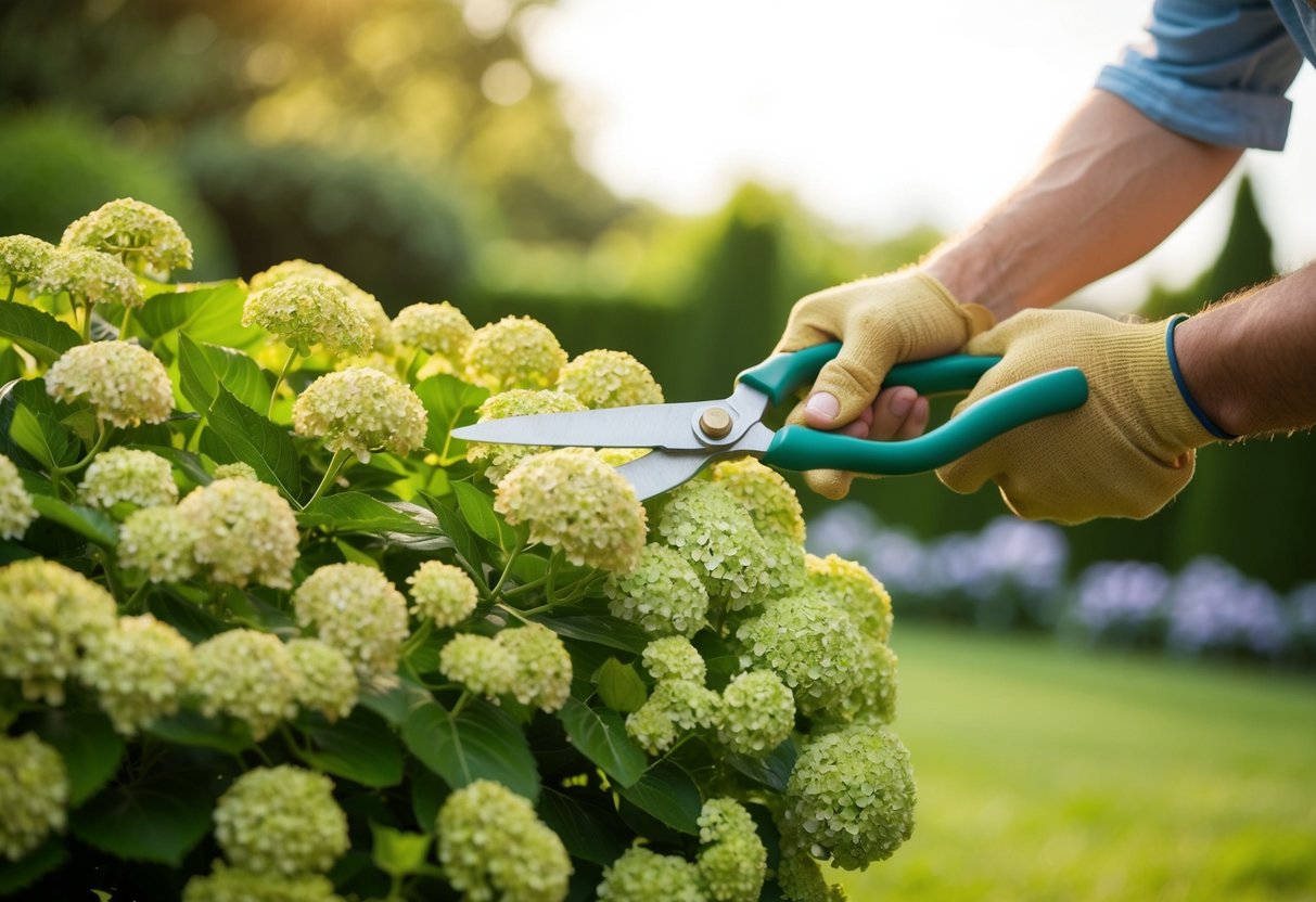 A gardener pruning and shaping a hydrangea bush with shears