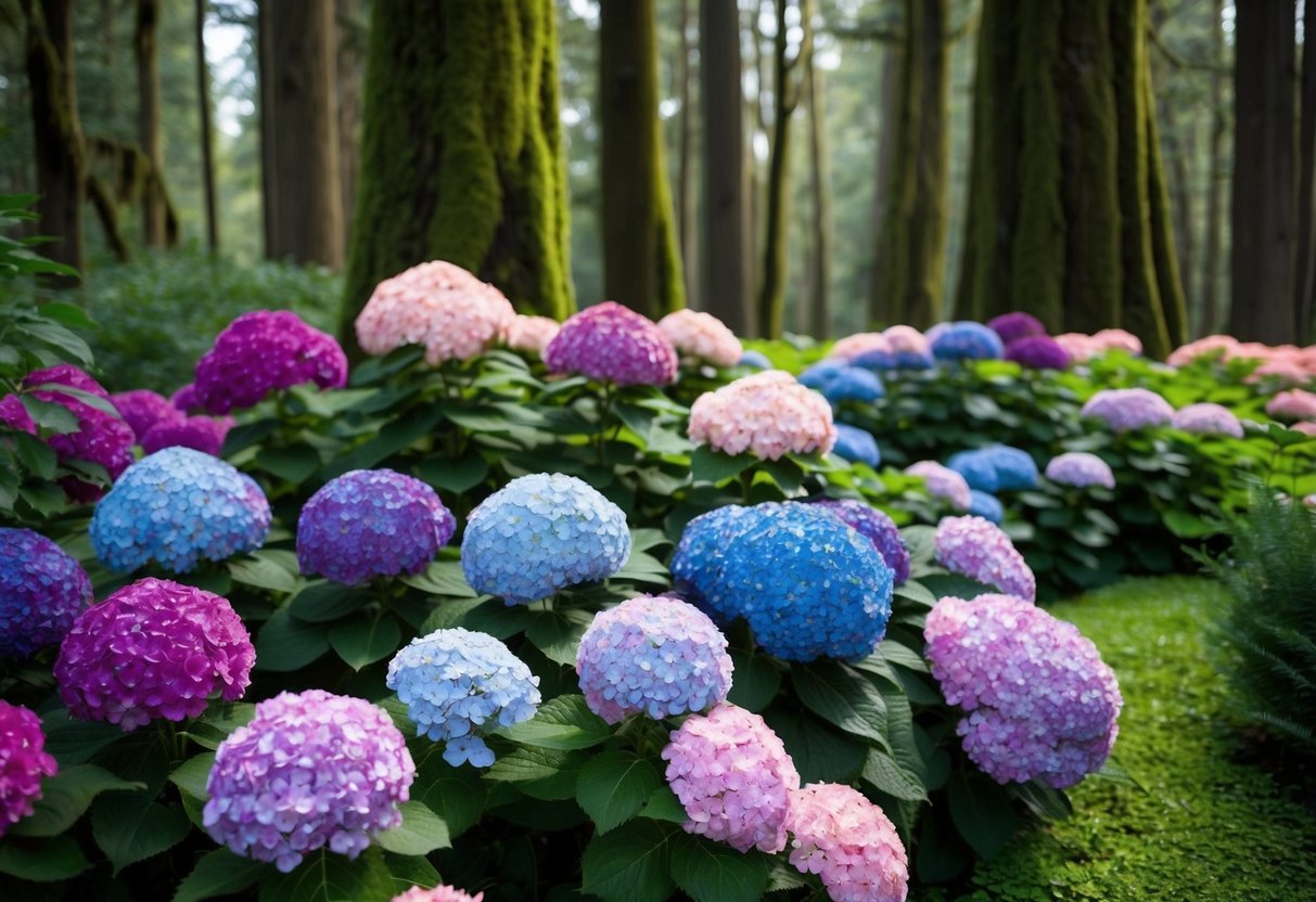 A lush garden of hydrangeas thriving in the dappled shade of a dense forest, their vibrant blooms ranging from deep blues to soft pinks, against a backdrop of moss-covered trees