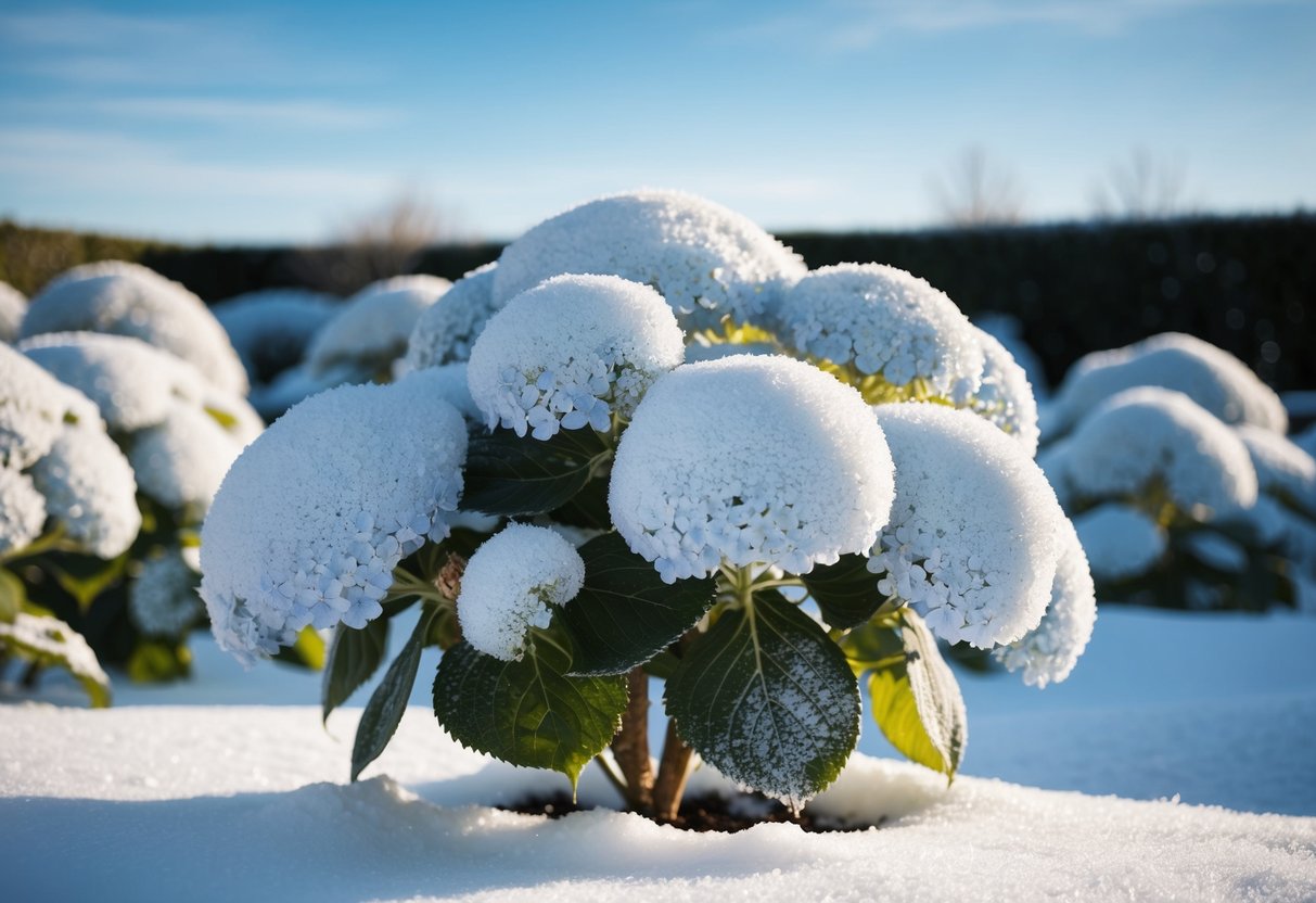 A garden with frozen hydrangea plants, surrounded by snow, with a clear blue sky in the background