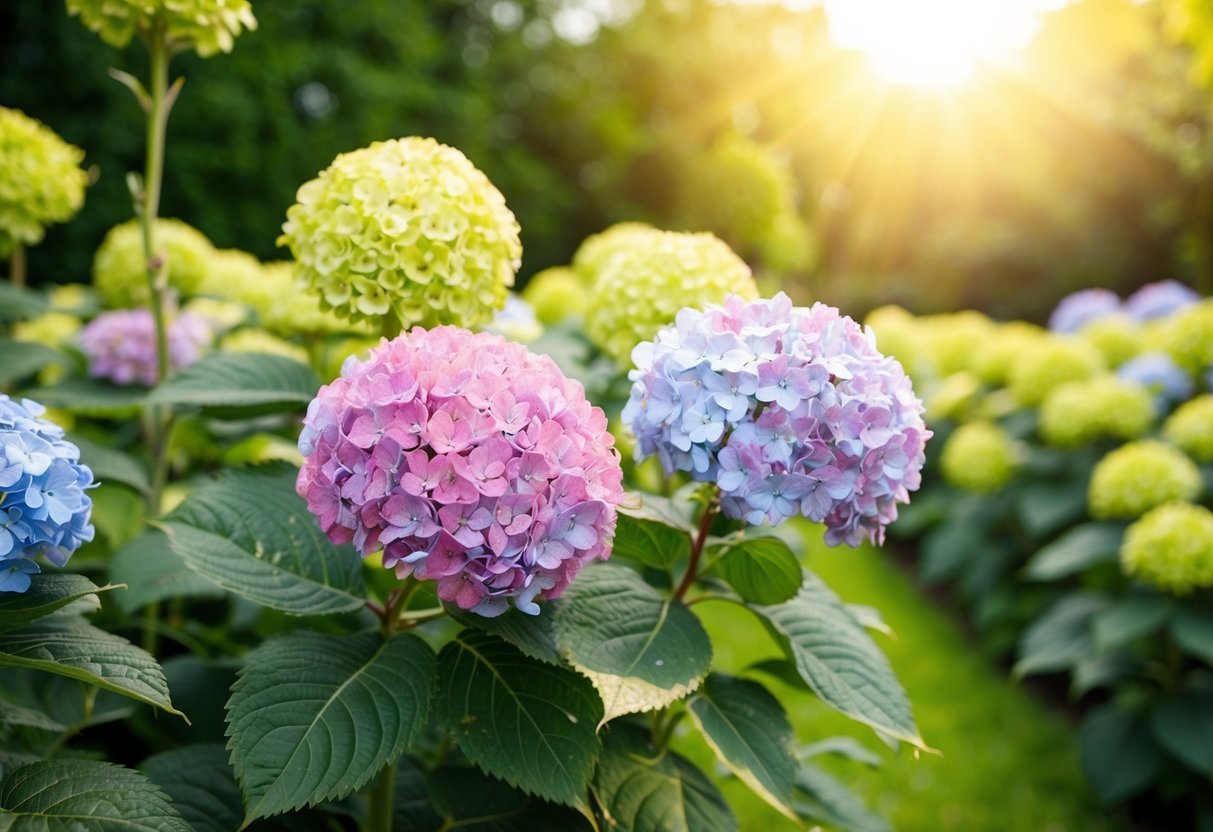 A garden with wilted hydrangeas surrounded by a sunny, warm environment