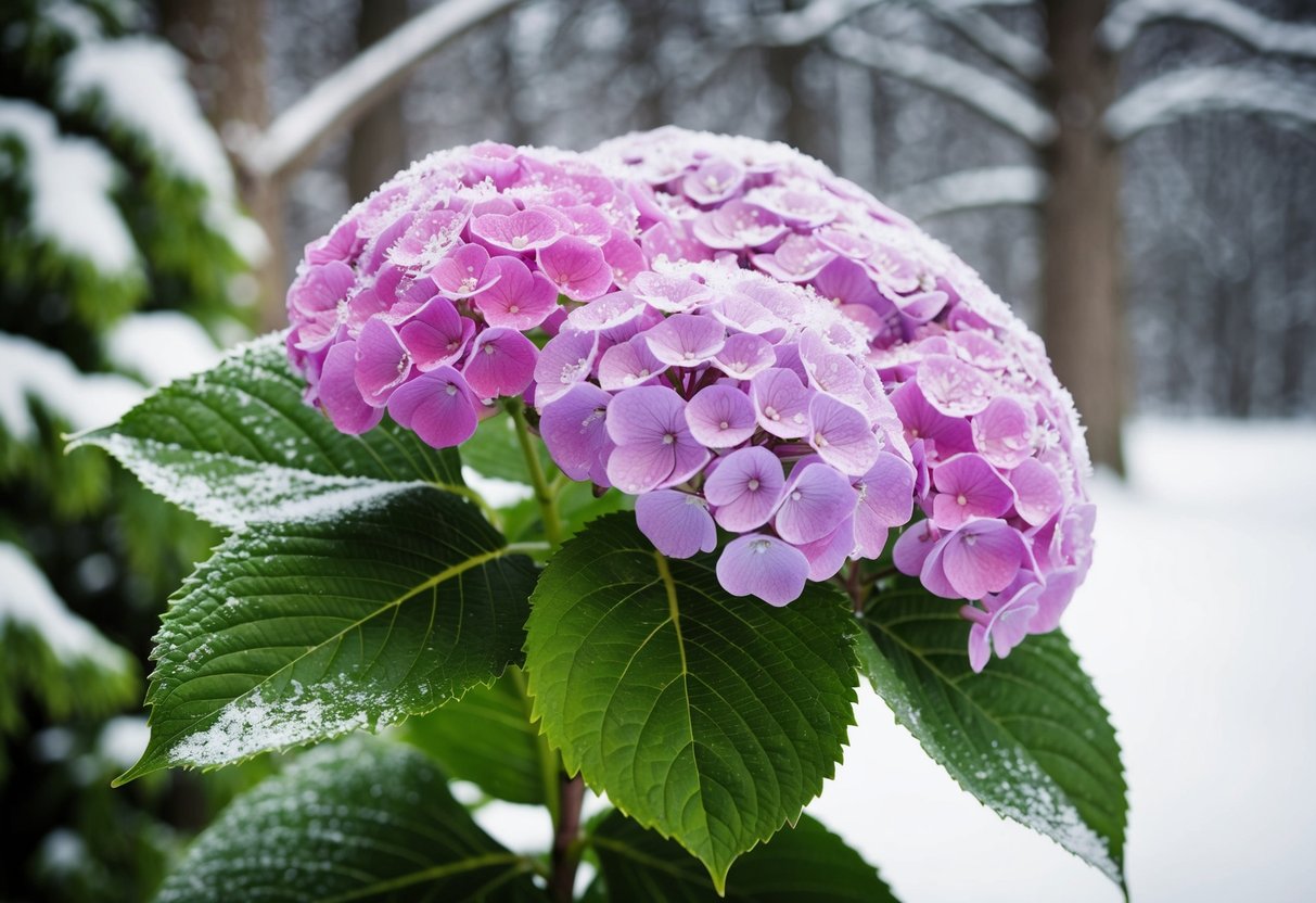 A lush hydrangea plant surviving a freeze, with vibrant blooms against a snowy backdrop