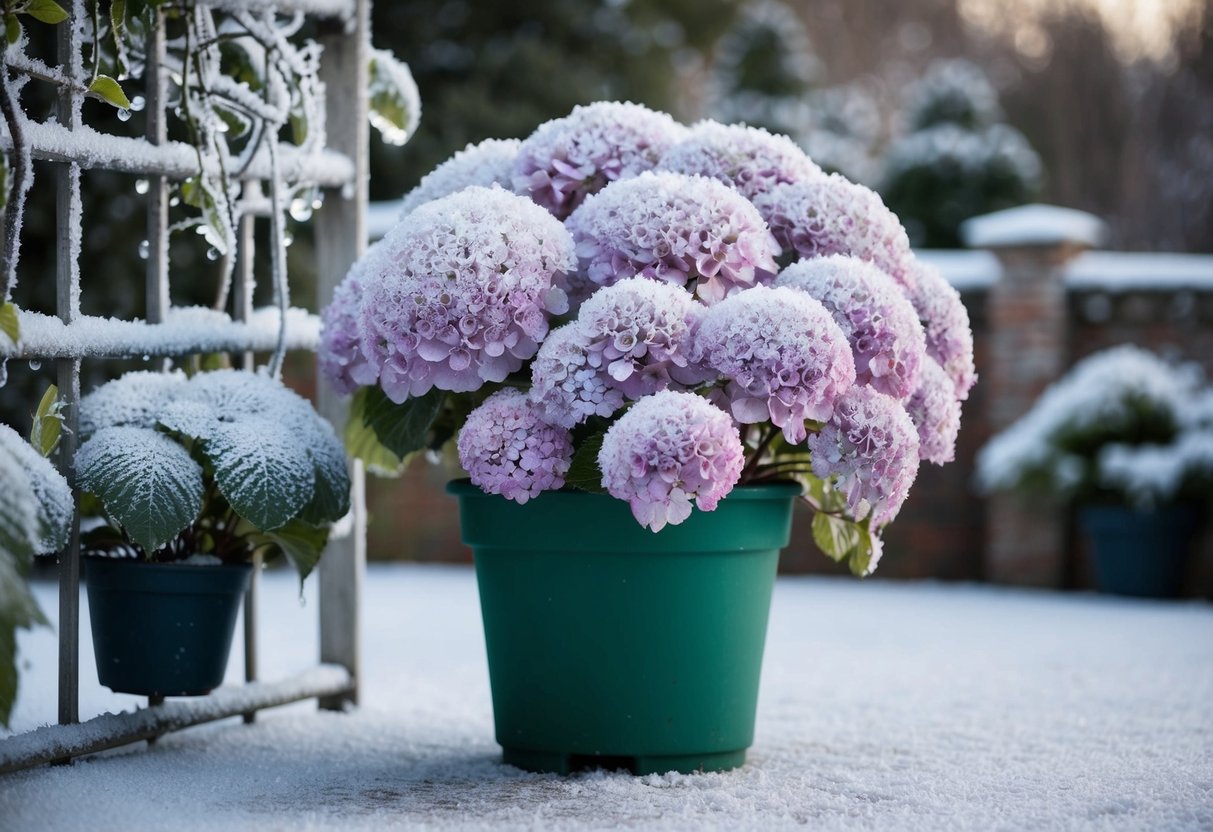 A potted hydrangea plant sits outside, covered in frost. Climbing varieties cling to a trellis, their delicate blooms encased in ice