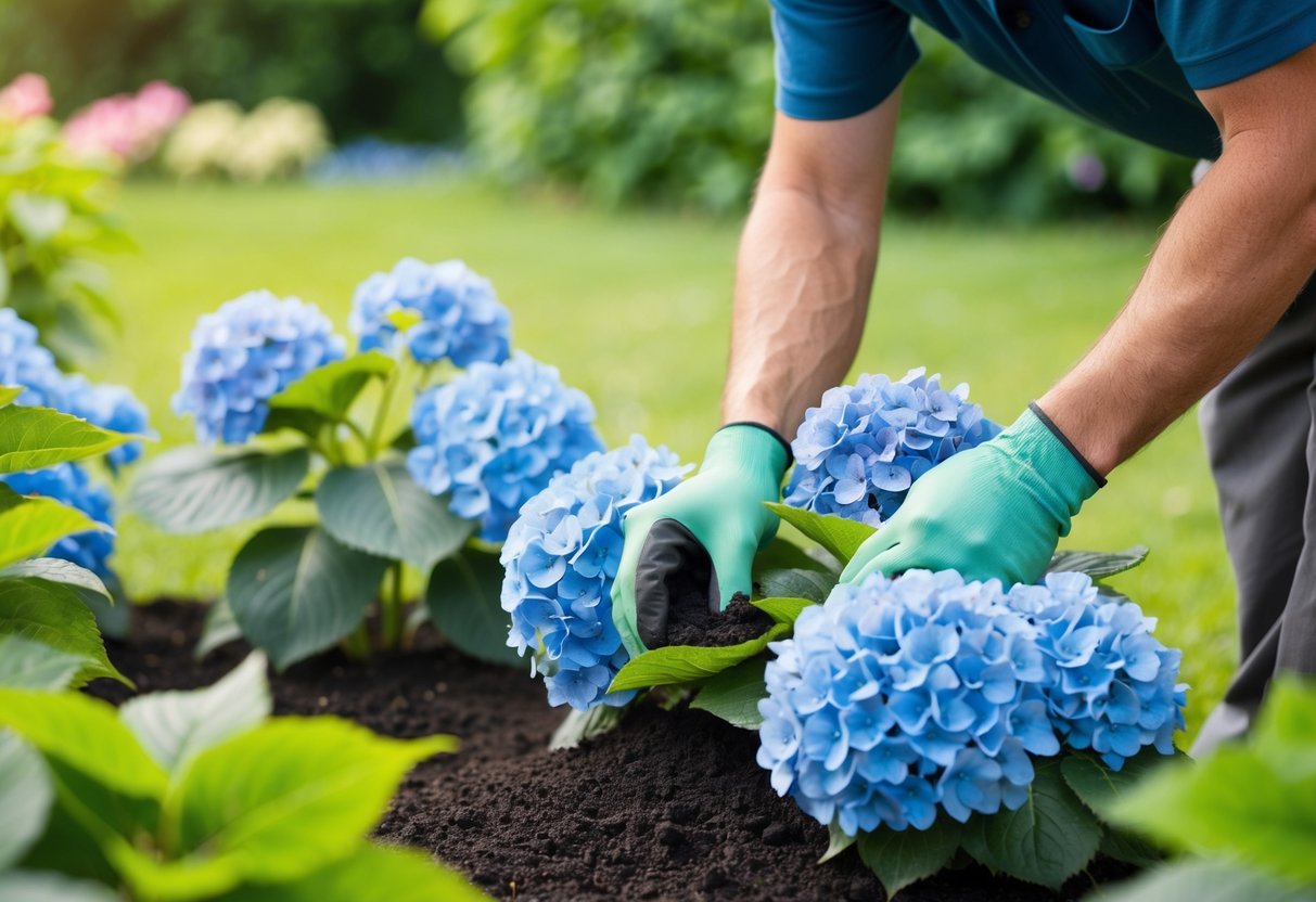 A gardener adding acidic soil amendments around blue hydrangea plants