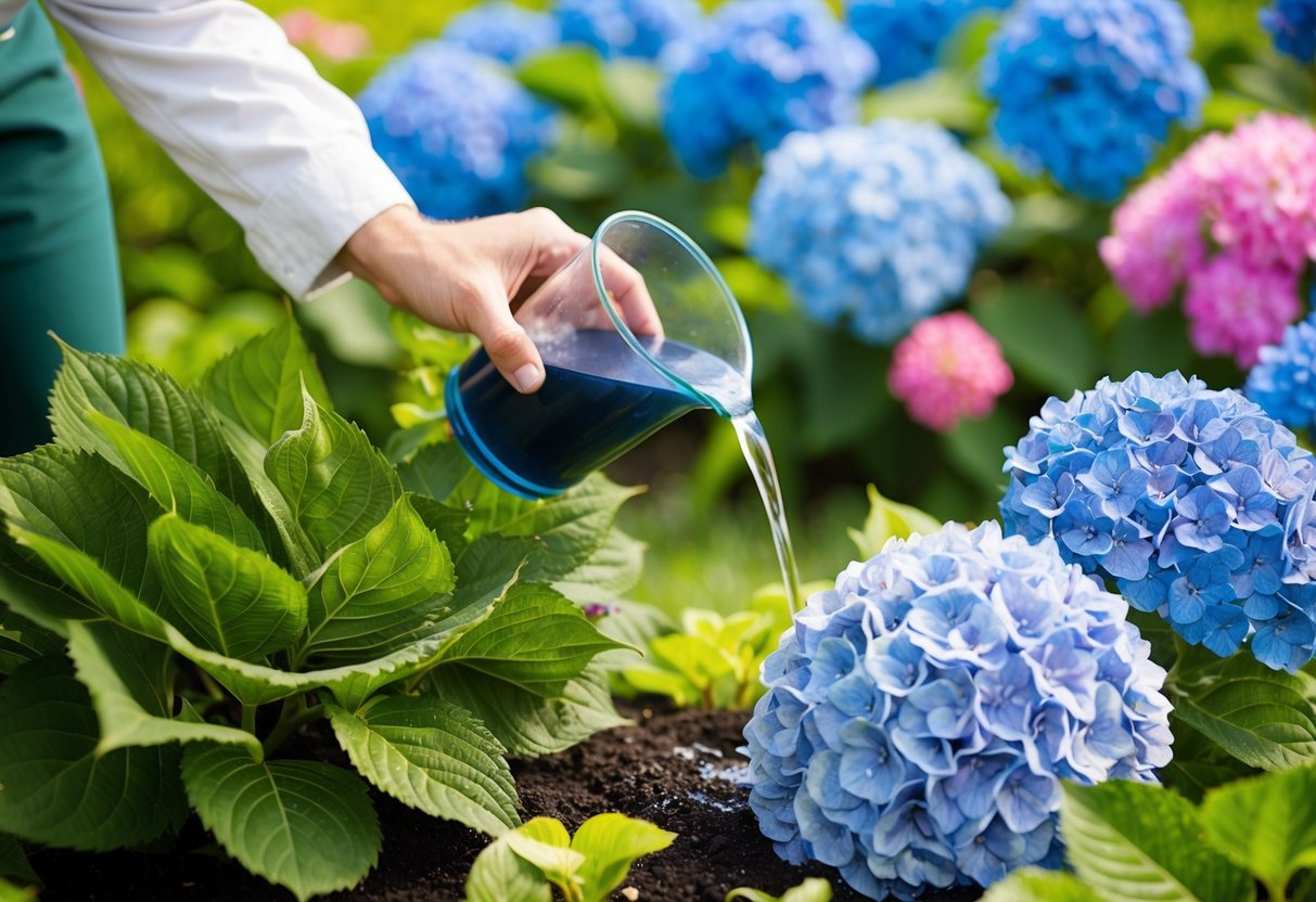 A gardener pouring acidic solution around the base of a wilted hydrangea plant, surrounded by vibrant blue and pink blooms