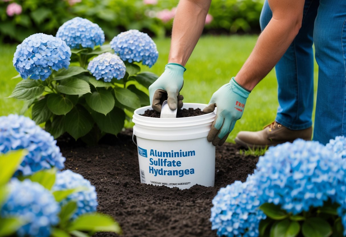 A gardener adding aluminum sulfate to soil around blue hydrangea bushes