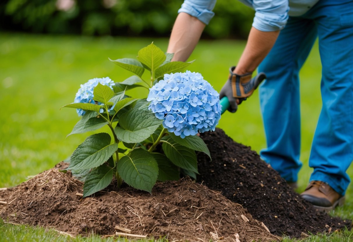 A person mulching and composting around a blue hydrangea plant