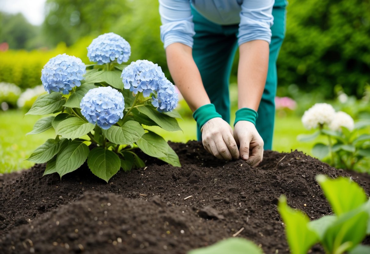 A gardener amending soil around a hydrangea plant, adding acidic or alkaline amendments to change the flower color