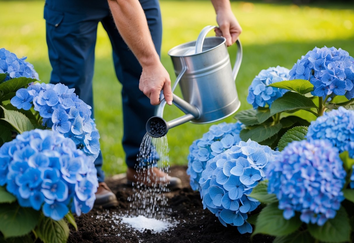 A gardener adding aluminum sulfate to the soil around blue hydrangeas, with a watering can nearby