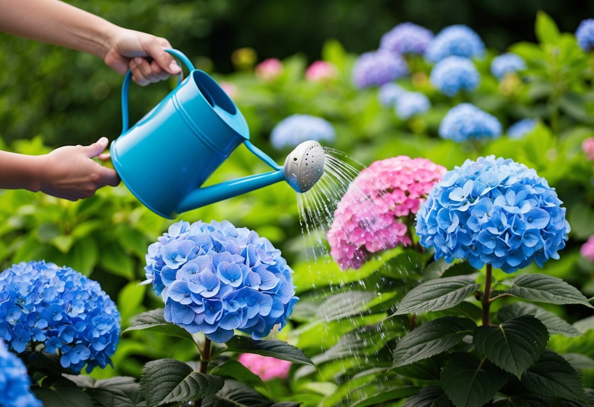 A pair of hands holding a watering can, gently showering vibrant blue and pink hydrangea flowers in a lush garden