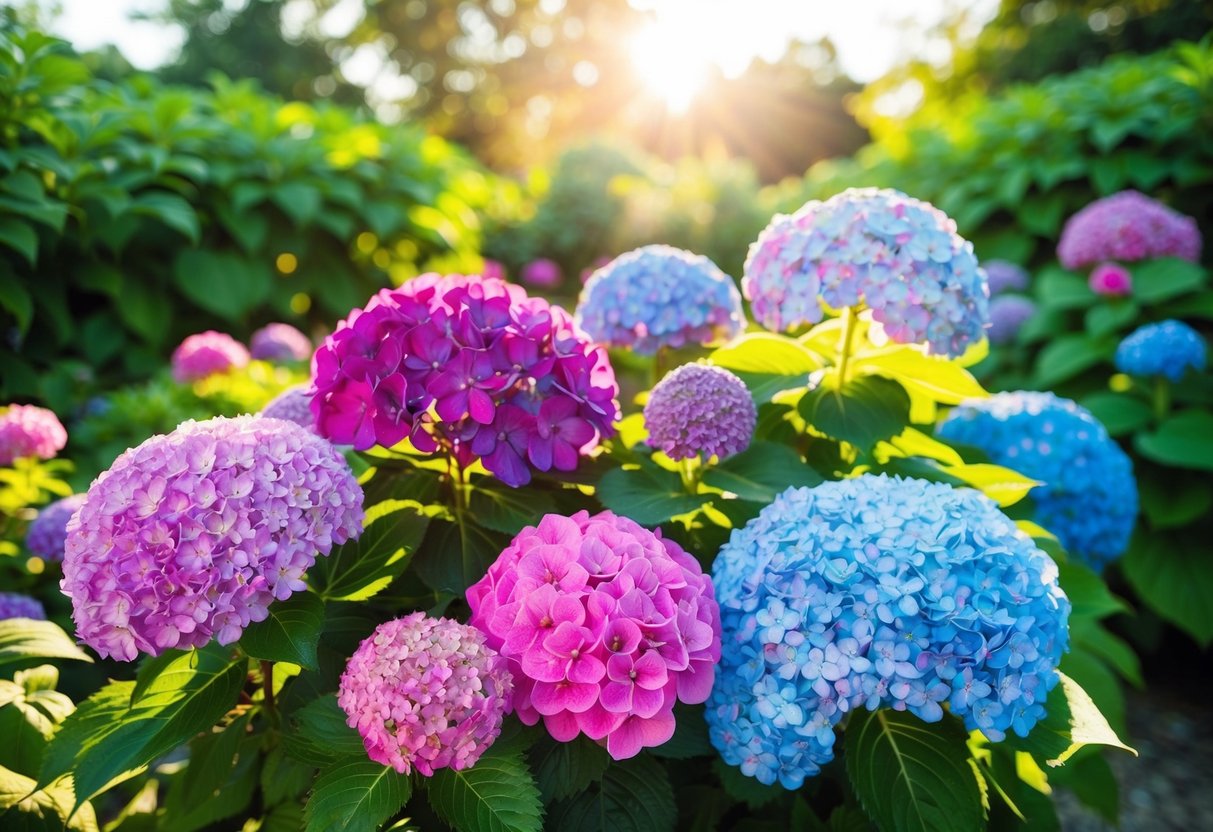 A lush garden with vibrant hydrangeas in various shades of pink, blue, and purple, surrounded by green foliage and bathed in warm sunlight