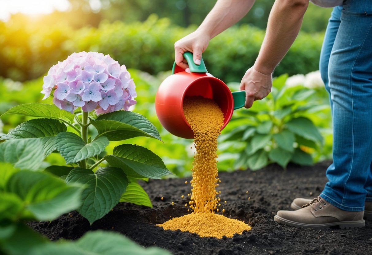 A person pouring tomato feed onto the soil around a blooming hydrangea plant