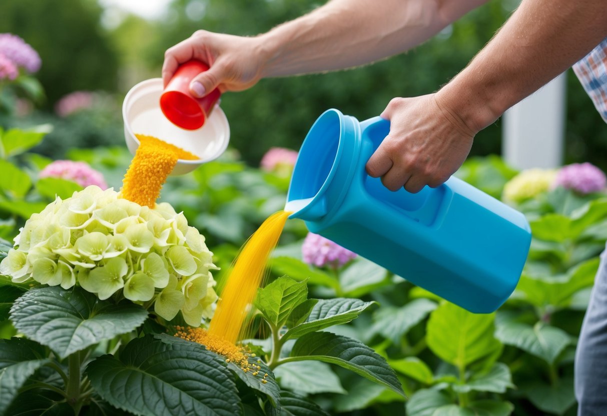 A person pouring tomato feed onto a blooming hydrangea plant in a garden