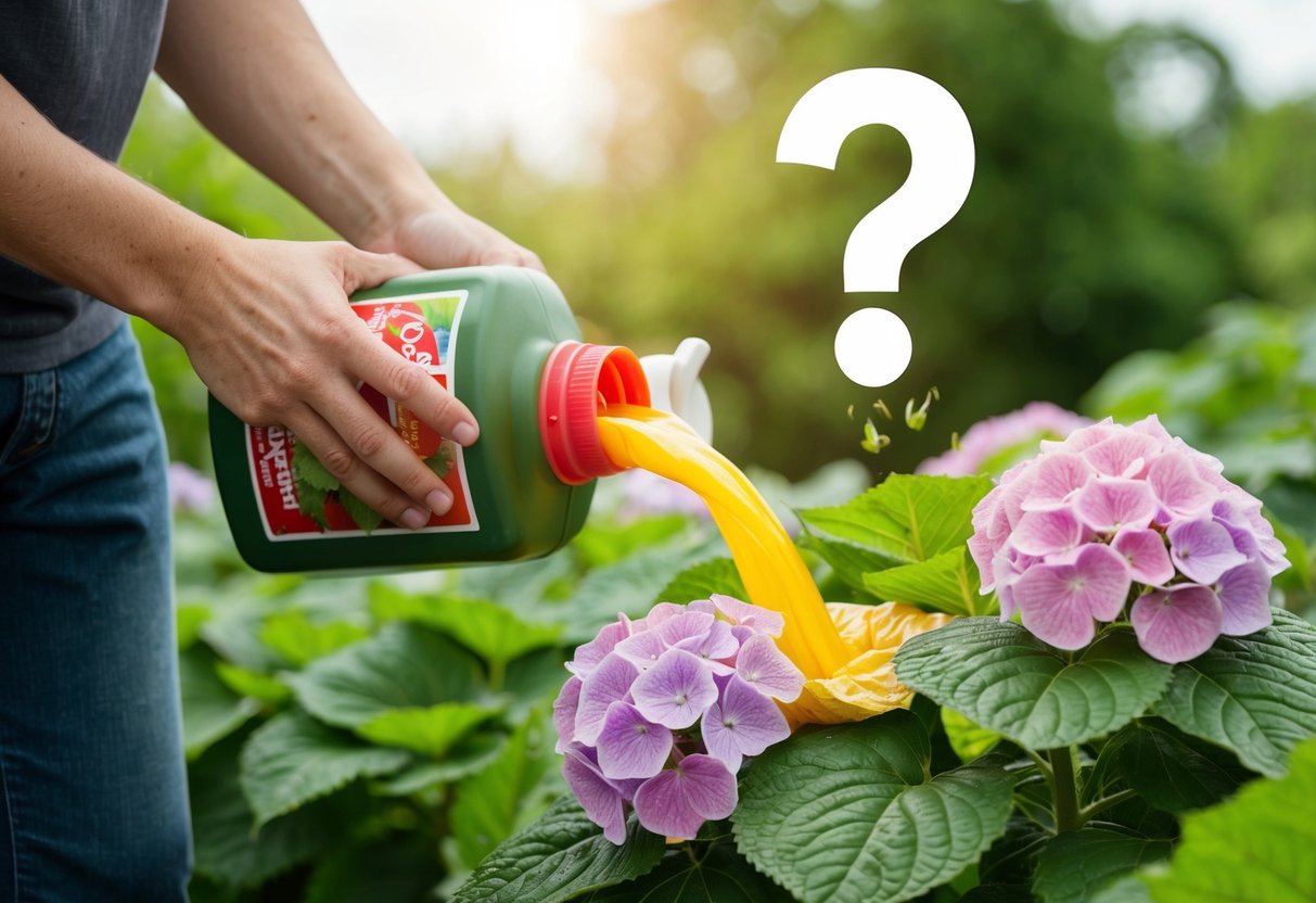 A person pouring tomato feed onto a blooming hydrangea plant, with a question mark above the plant