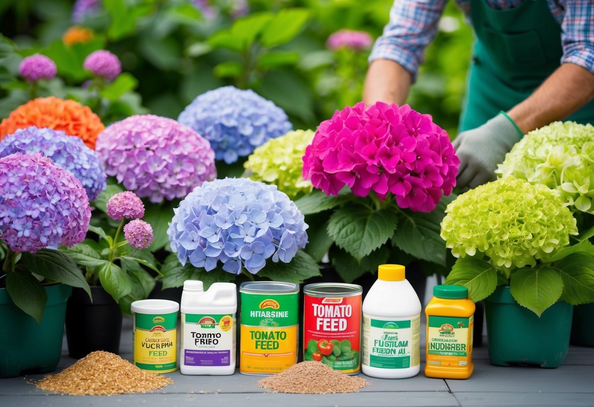 A variety of hydrangeas surrounded by different types of fertilizer, including tomato feed, with a gardener tending to them