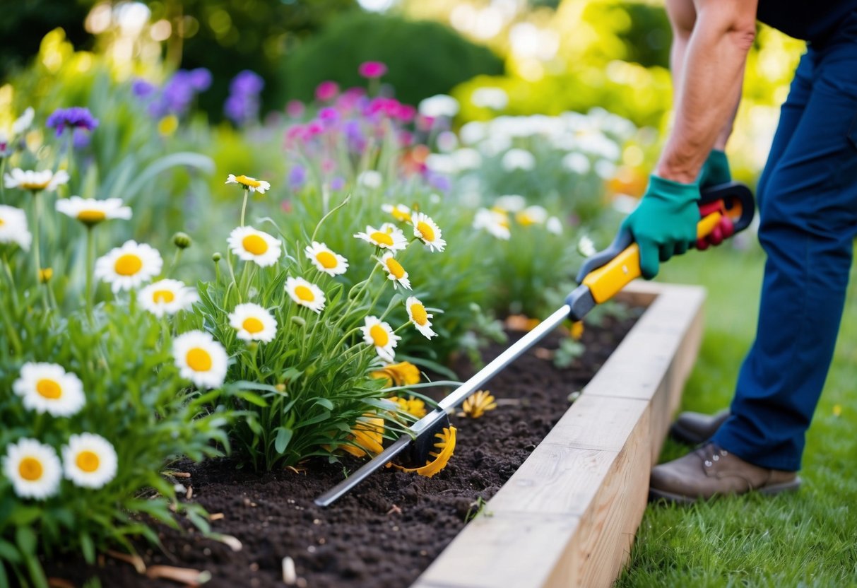 A gardener trimming back spent daisies in a vibrant garden bed