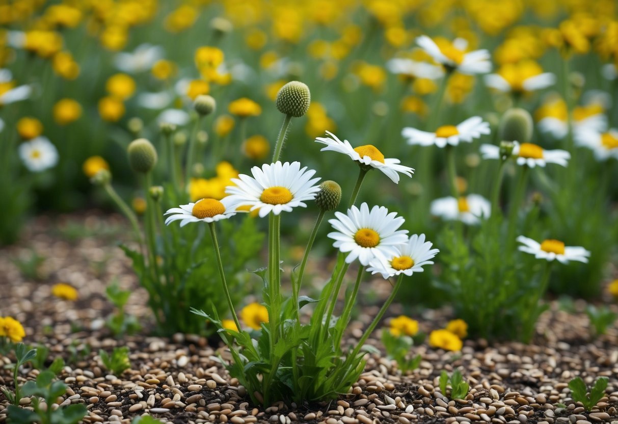 A field of daisies with mature flowers and seed heads, surrounded by scattered seeds and young seedlings