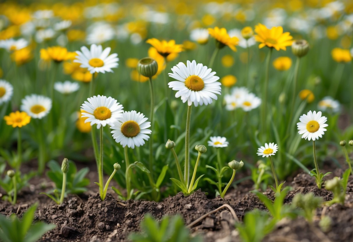 A field of daisies in various stages of growth, with mature flowers, seed pods, and new sprouts emerging from the ground