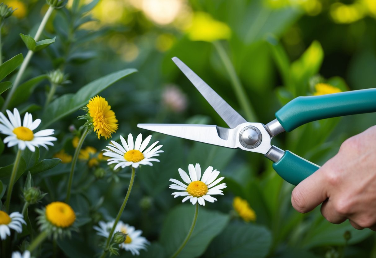 A pair of garden shears snipping off spent daisy blooms amidst lush green foliage