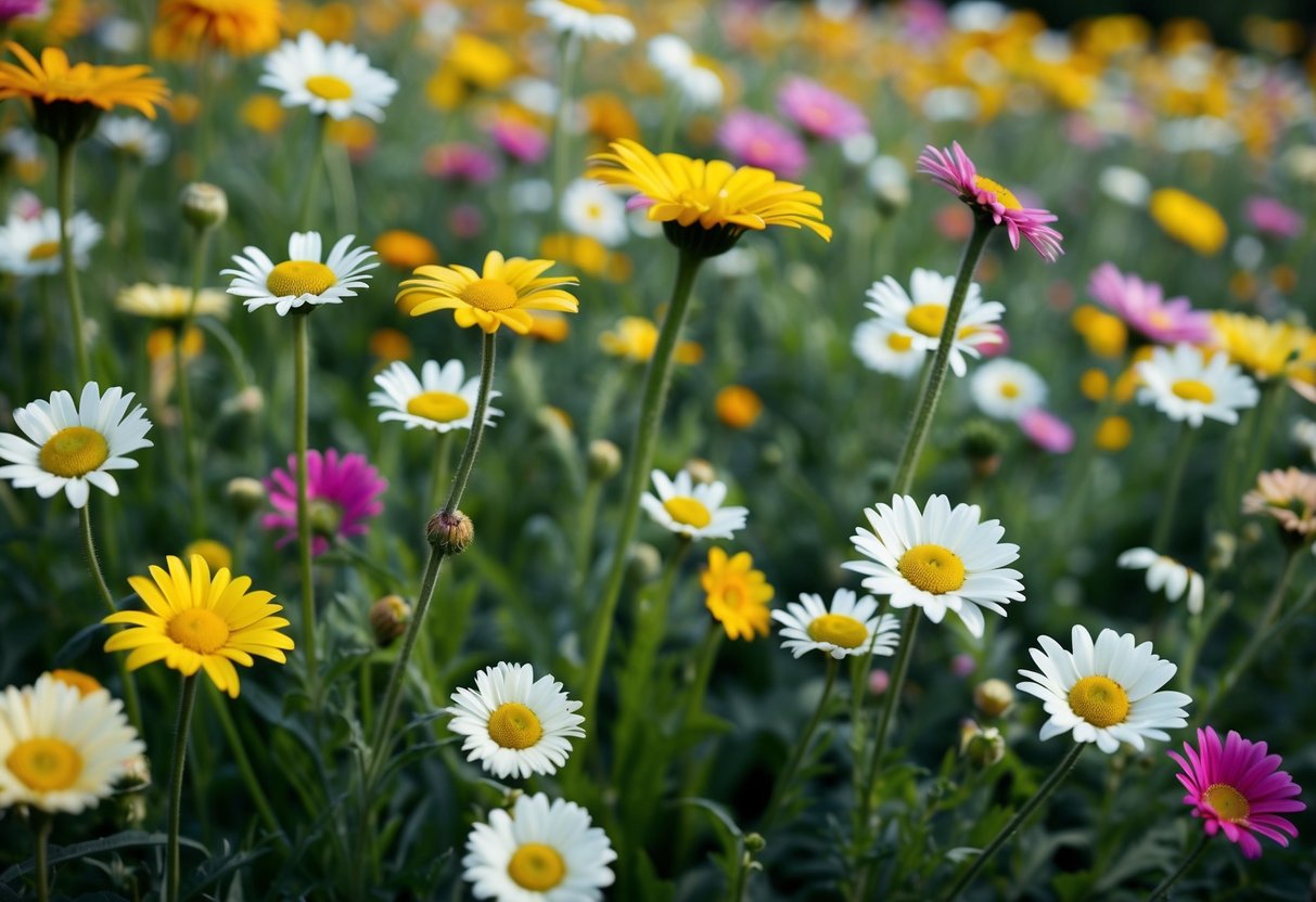 A field of daisies in various colors and sizes, some with long, slender petals and others with short, wide petals. Some daisies have already gone to seed, with fluffy white puffs ready to disperse