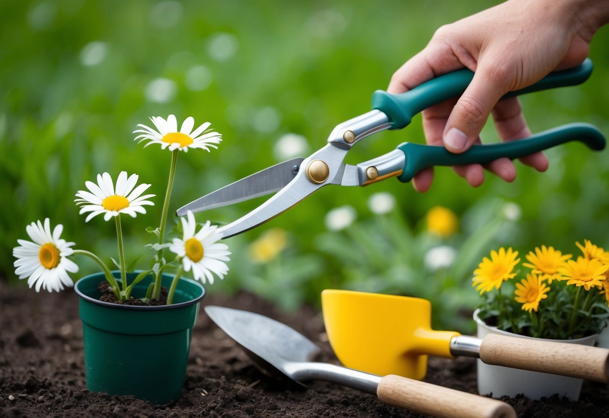 A pair of gardening shears snipping off spent daisy blooms, with a small shovel and potted daisies nearby for transplanting