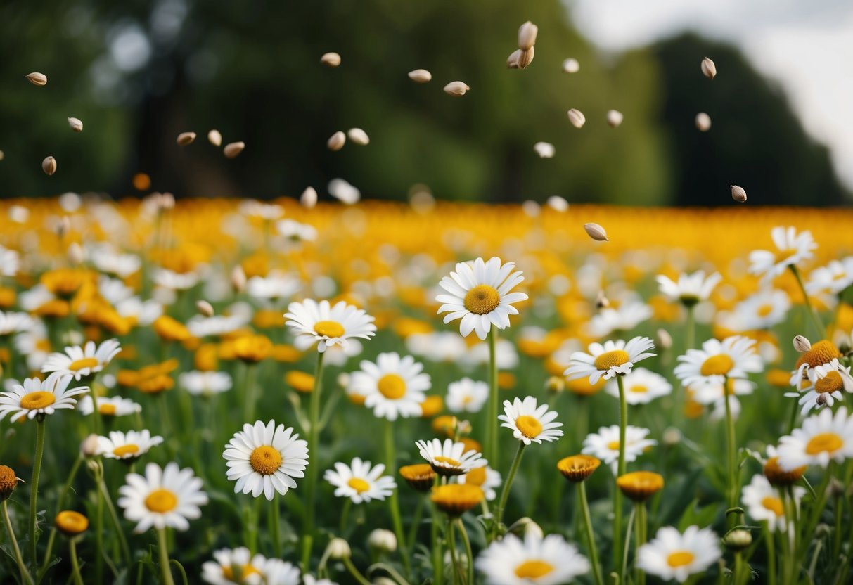 A field of healthy daisies with scattered seeds and mature blooms